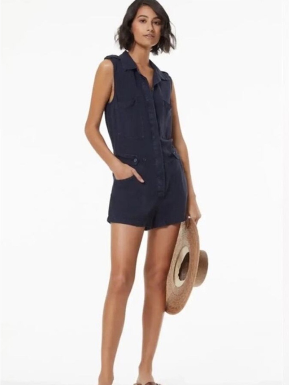 YFB-Sleeveless White Utility Romper with Front Pockets